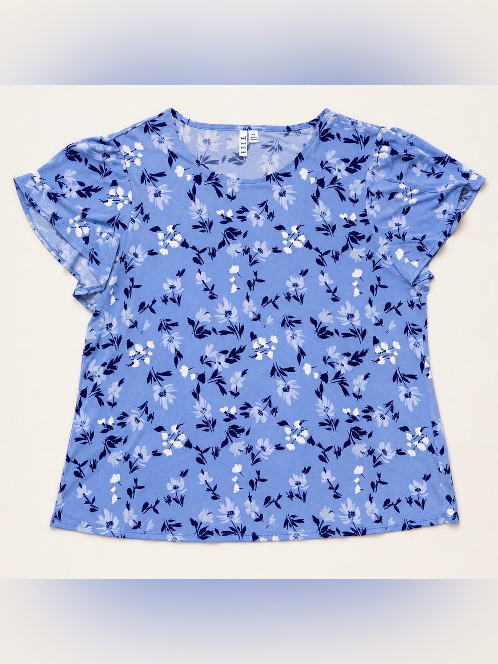 Elle Blue Floral Flutter Sleeve Blouse XXL Soft Stretch Top